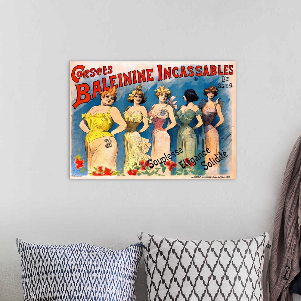A bohemian room featuring Antique poster print of five painted women in different dresses posing.