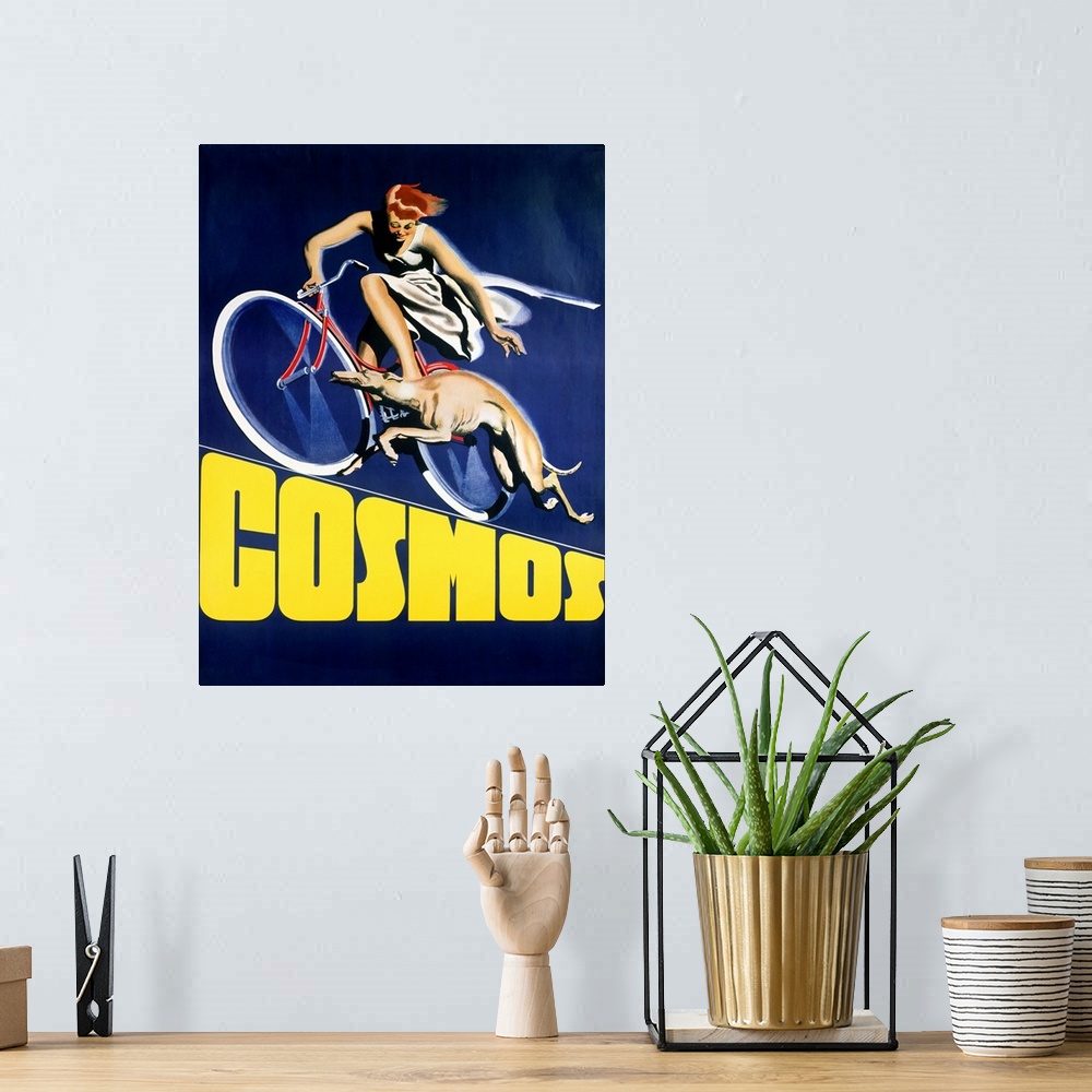 A bohemian room featuring Vertical, vintage advertisement for Cosmos Greyhound Bicycle of a woman in a dress riding a bicyc...