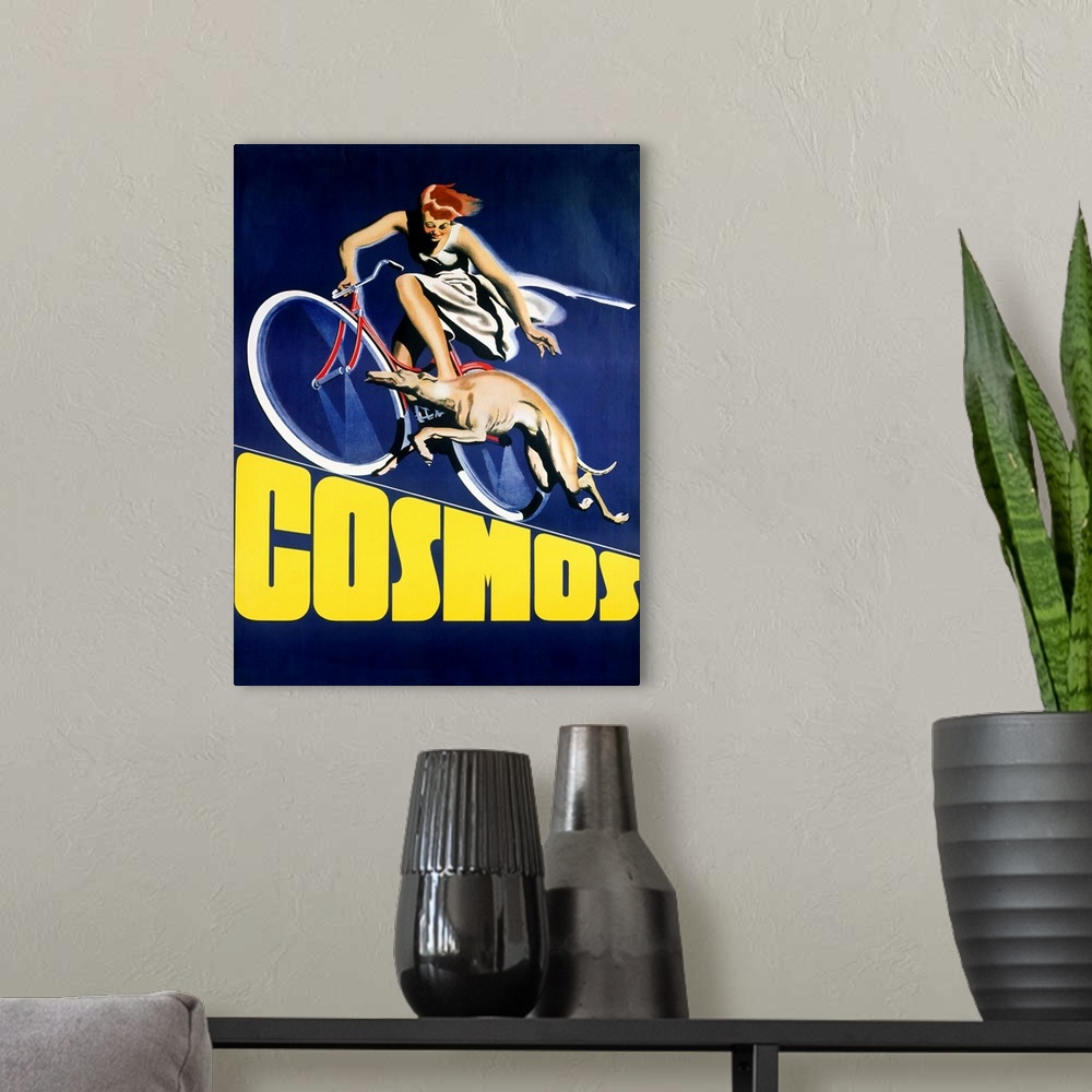 A modern room featuring Vertical, vintage advertisement for Cosmos Greyhound Bicycle of a woman in a dress riding a bicyc...