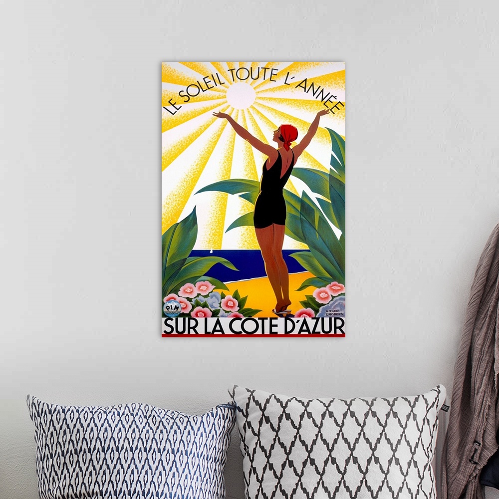 A bohemian room featuring This Art Deco advertising poster shows a woman in an early 20th century swimsuit surrounded by tr...