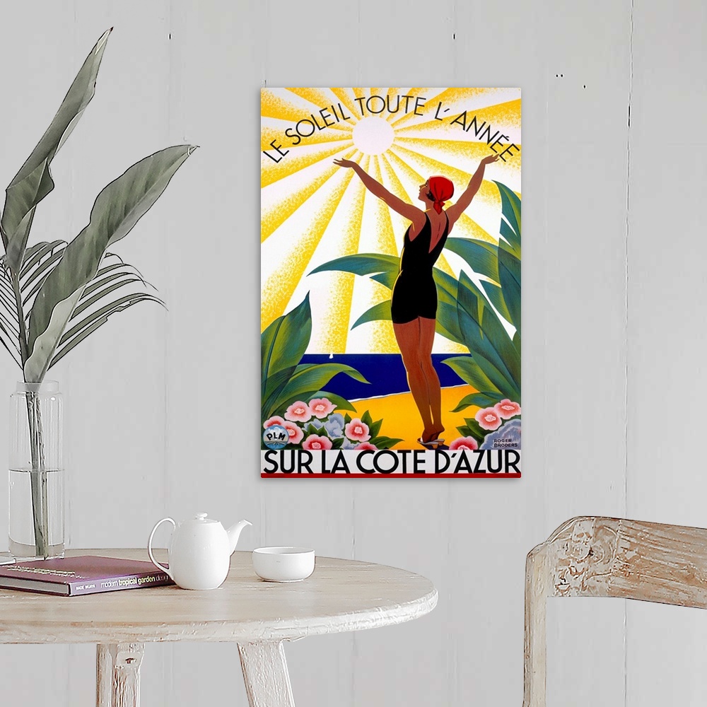 A farmhouse room featuring This Art Deco advertising poster shows a woman in an early 20th century swimsuit surrounded by tr...