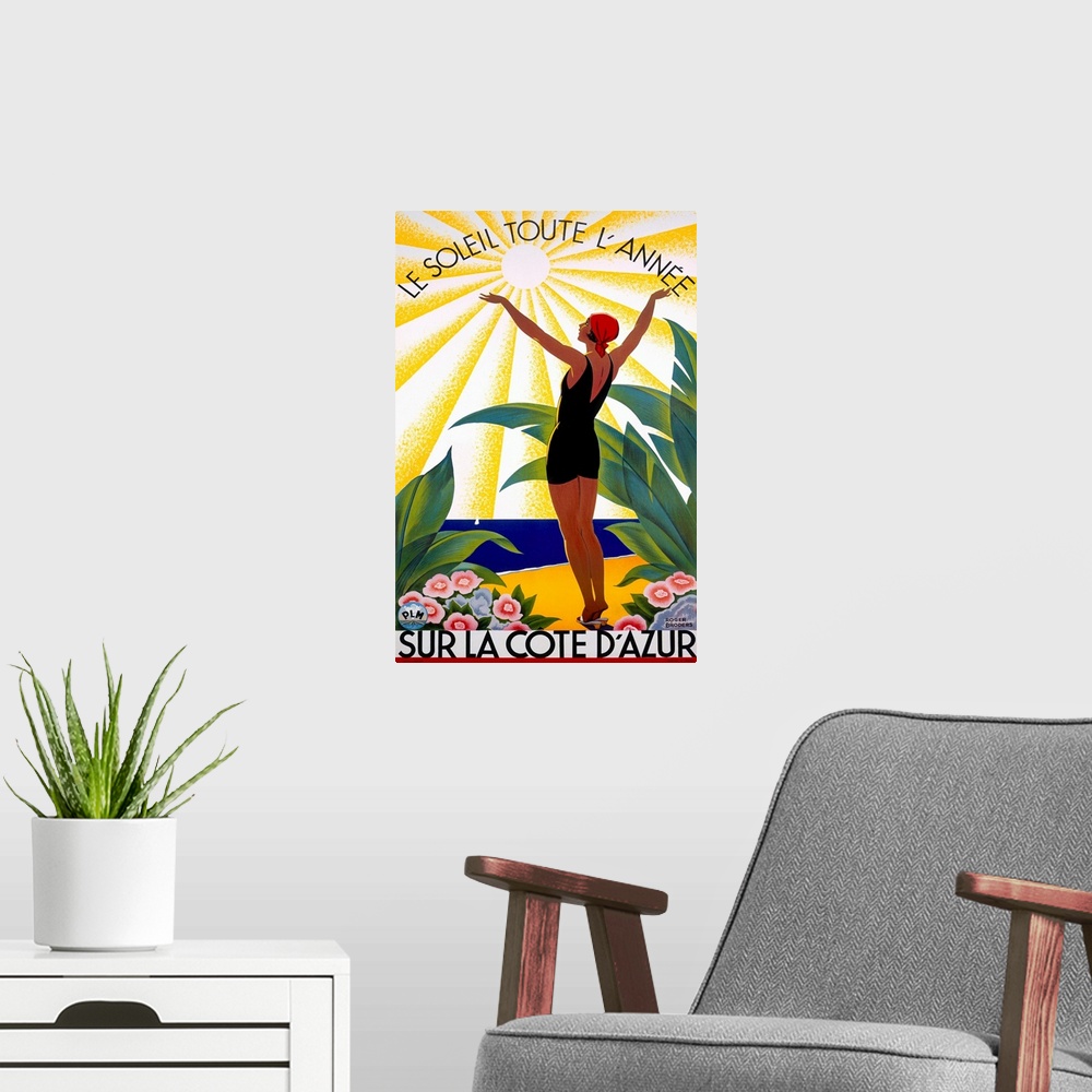A modern room featuring This Art Deco advertising poster shows a woman in an early 20th century swimsuit surrounded by tr...