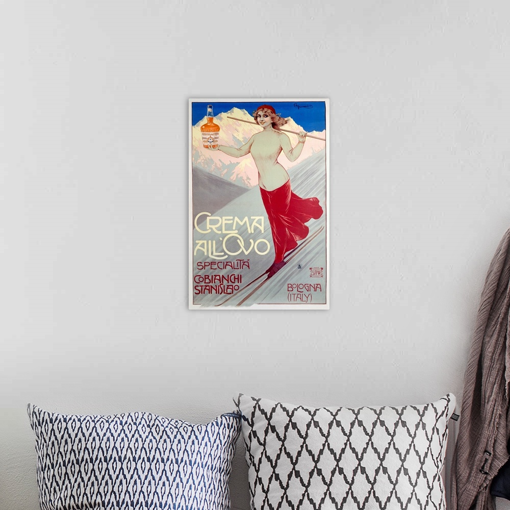 A bohemian room featuring This large vintage poster shows a woman skiing down a mountain while holding out a bottle of liqu...