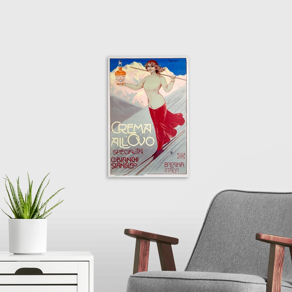 A modern room featuring This large vintage poster shows a woman skiing down a mountain while holding out a bottle of liqu...