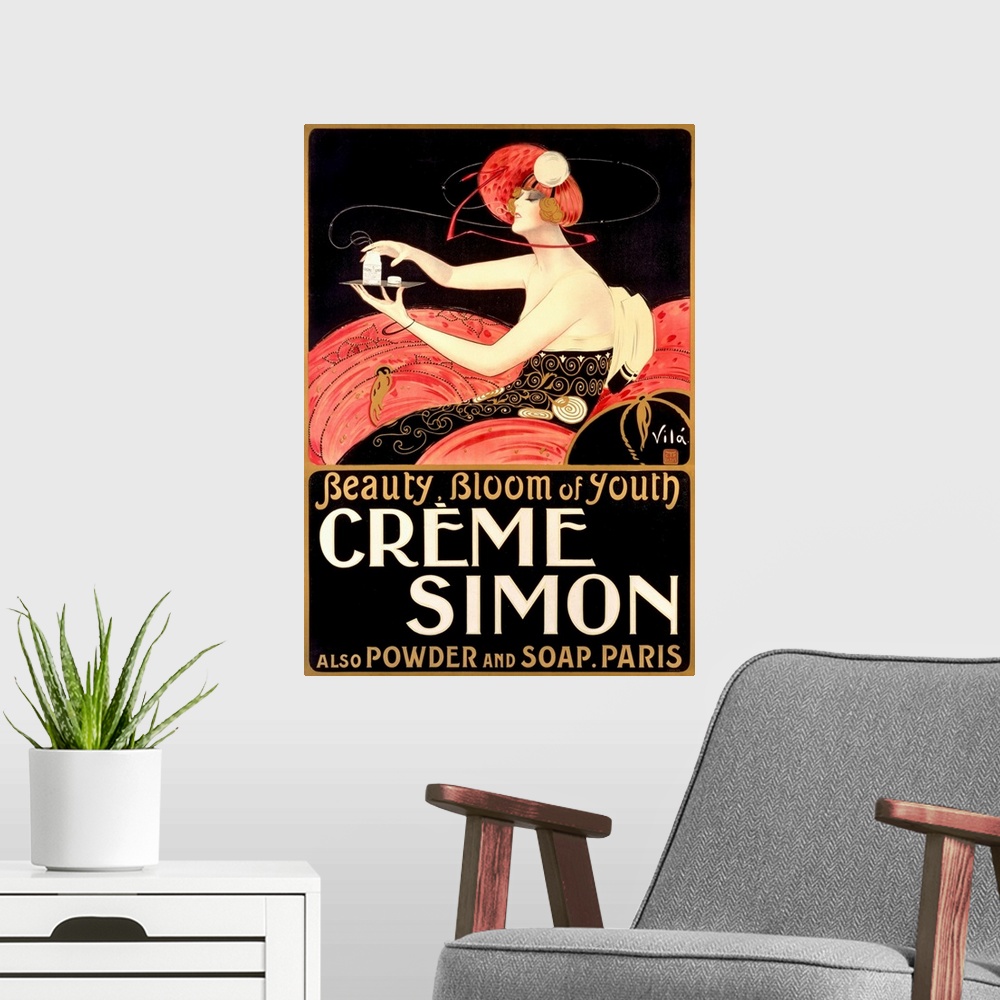A modern room featuring Advertisement for cosmetic powder featuring an elegant woman holding a tray, sitting on a plush c...