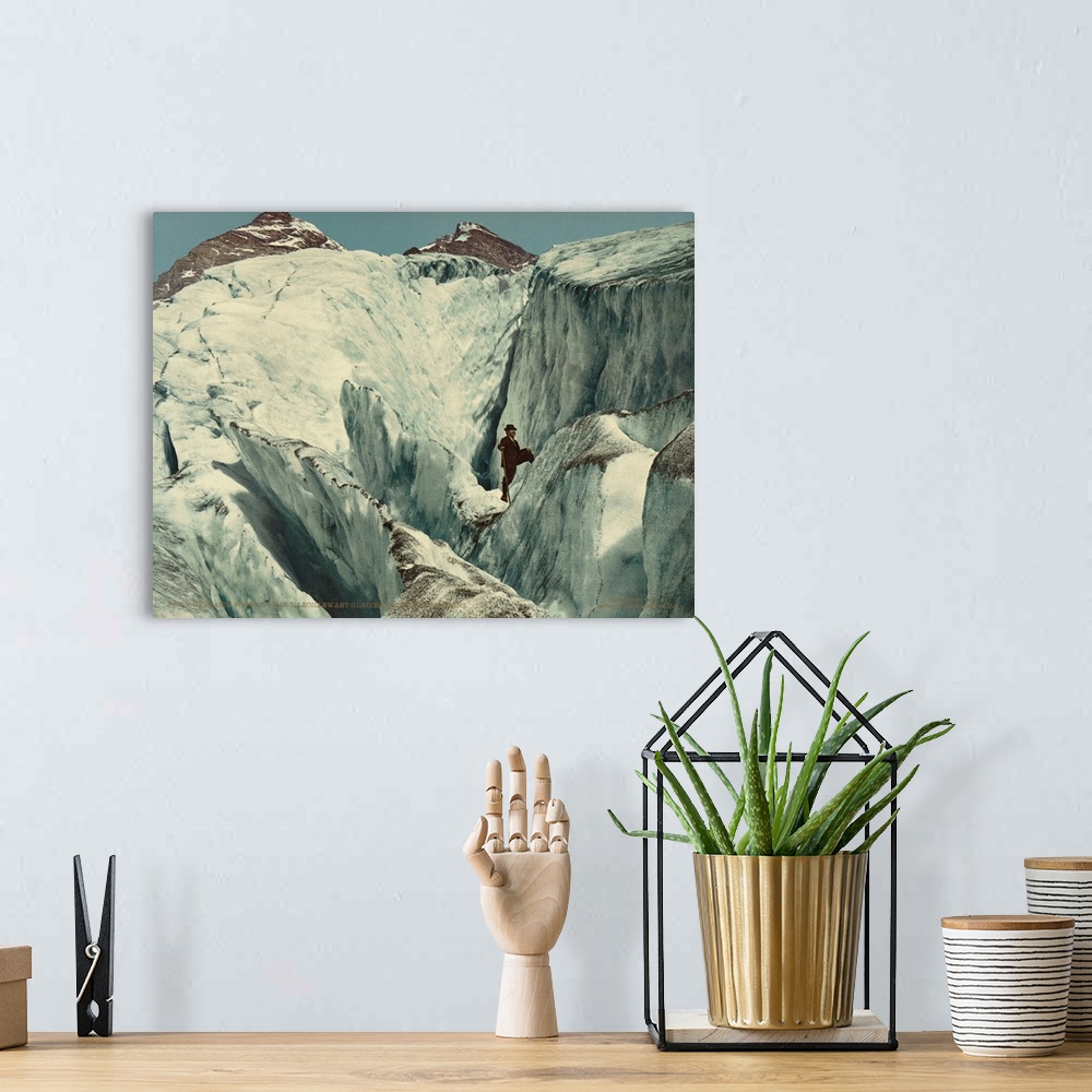 A bohemian room featuring Hand colored photograph of crevasse formation in Illecillewaet glacier, Selkirk Mountain.