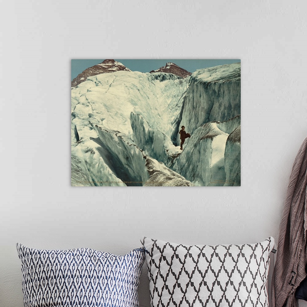 A bohemian room featuring Hand colored photograph of crevasse formation in Illecillewaet glacier, Selkirk Mountain.