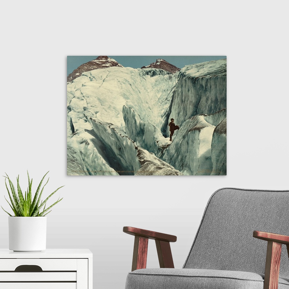 A modern room featuring Hand colored photograph of crevasse formation in Illecillewaet glacier, Selkirk Mountain.