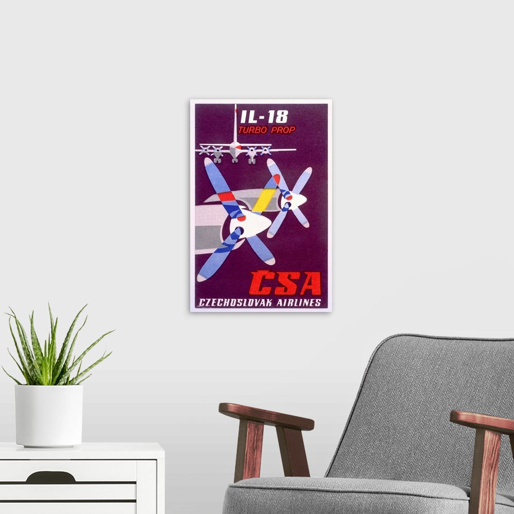 A modern room featuring CSA Czech Airlines, IL 18 Turbo Prop, Vintage Poster