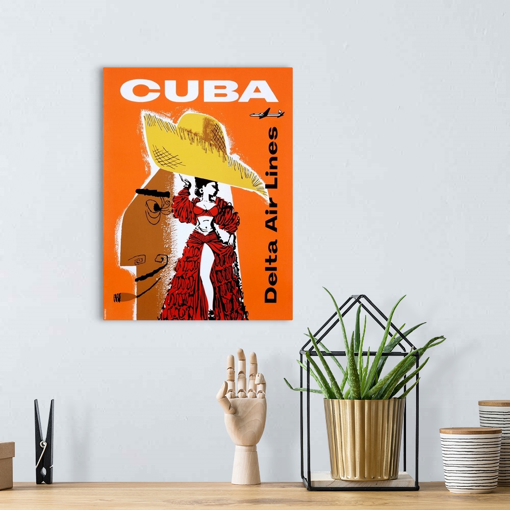 A bohemian room featuring This vintage poster shows a woman in salsa attire standing in front of an enlarged head of a man ...