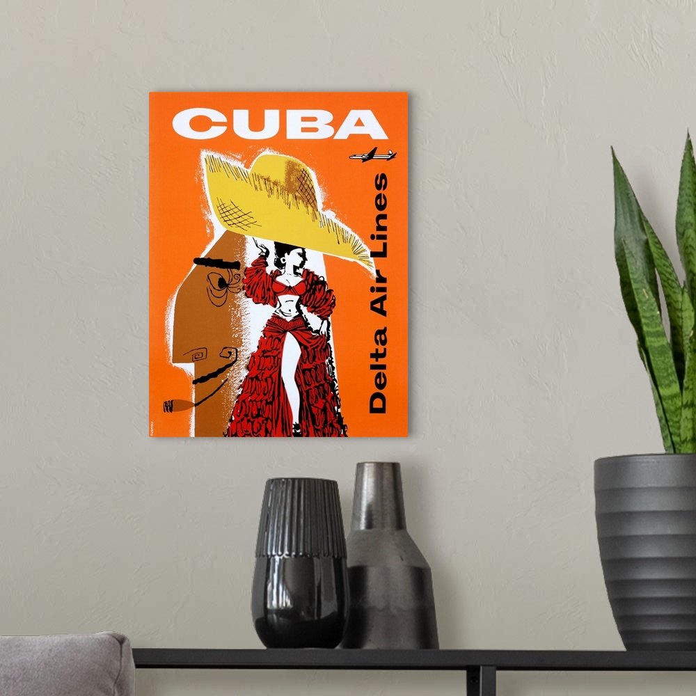 A modern room featuring This vintage poster shows a woman in salsa attire standing in front of an enlarged head of a man ...