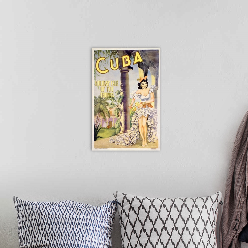 A bohemian room featuring Old advertising poster with woman in ruffled dress shaking maracas with palm trees and buildings ...