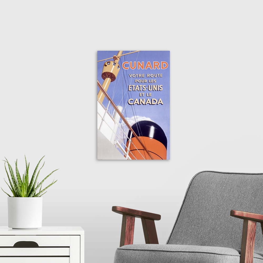 A modern room featuring Cunard Line, British French Ocean Lines, Vintage Poster
