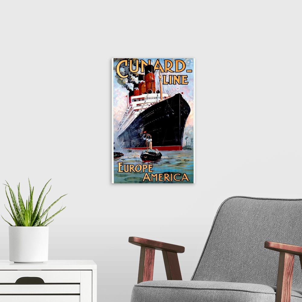 A modern room featuring Vintage poster of an immense passenger ship that is being pulled by a small tug boat at the botto...