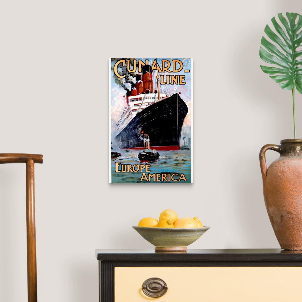 A traditional room featuring Vintage poster of an immense passenger ship that is being pulled by a small tug boat at the botto...