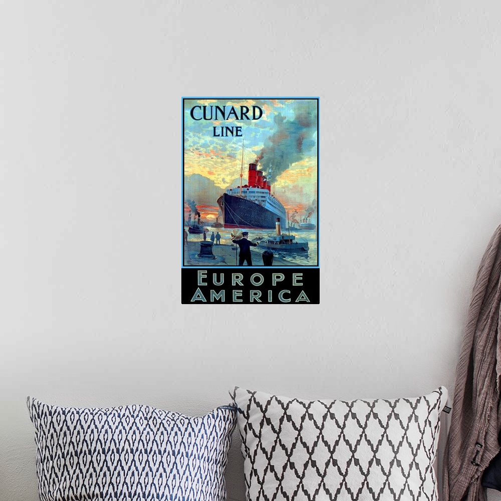 A bohemian room featuring Advertising poster promoting travel by large ship across the Atlantic ocean. The ship arrives at ...
