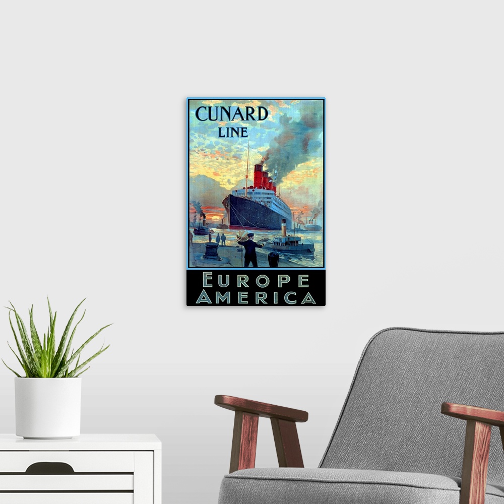 A modern room featuring Advertising poster promoting travel by large ship across the Atlantic ocean. The ship arrives at ...