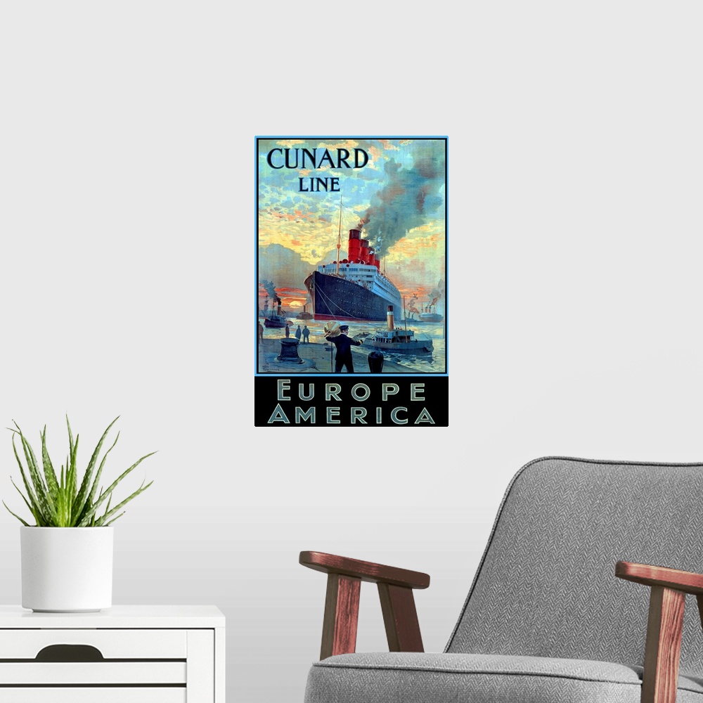 A modern room featuring Advertising poster promoting travel by large ship across the Atlantic ocean. The ship arrives at ...