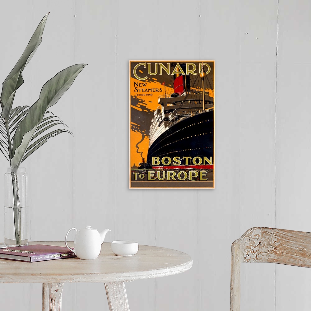 A farmhouse room featuring Huge vintage art displays an advertisement for a cruise ship with surrounding text.