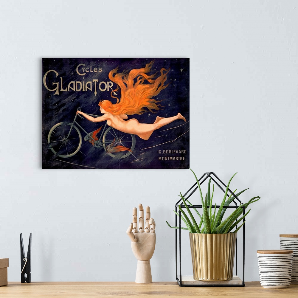 A bohemian room featuring Big, horizontal, vintage wall art advertisement for Cycles Gladiator of a nude woman with long, r...