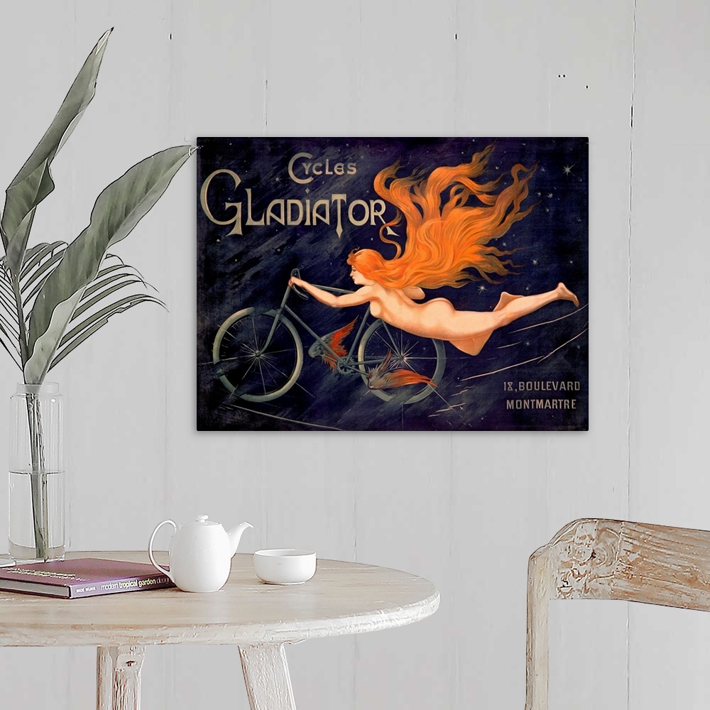 A farmhouse room featuring Big, horizontal, vintage wall art advertisement for Cycles Gladiator of a nude woman with long, r...