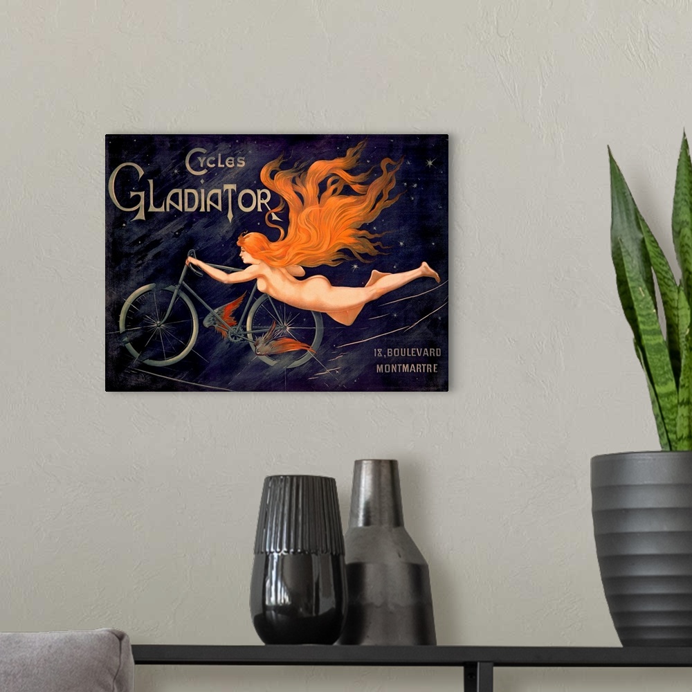 A modern room featuring Big, horizontal, vintage wall art advertisement for Cycles Gladiator of a nude woman with long, r...