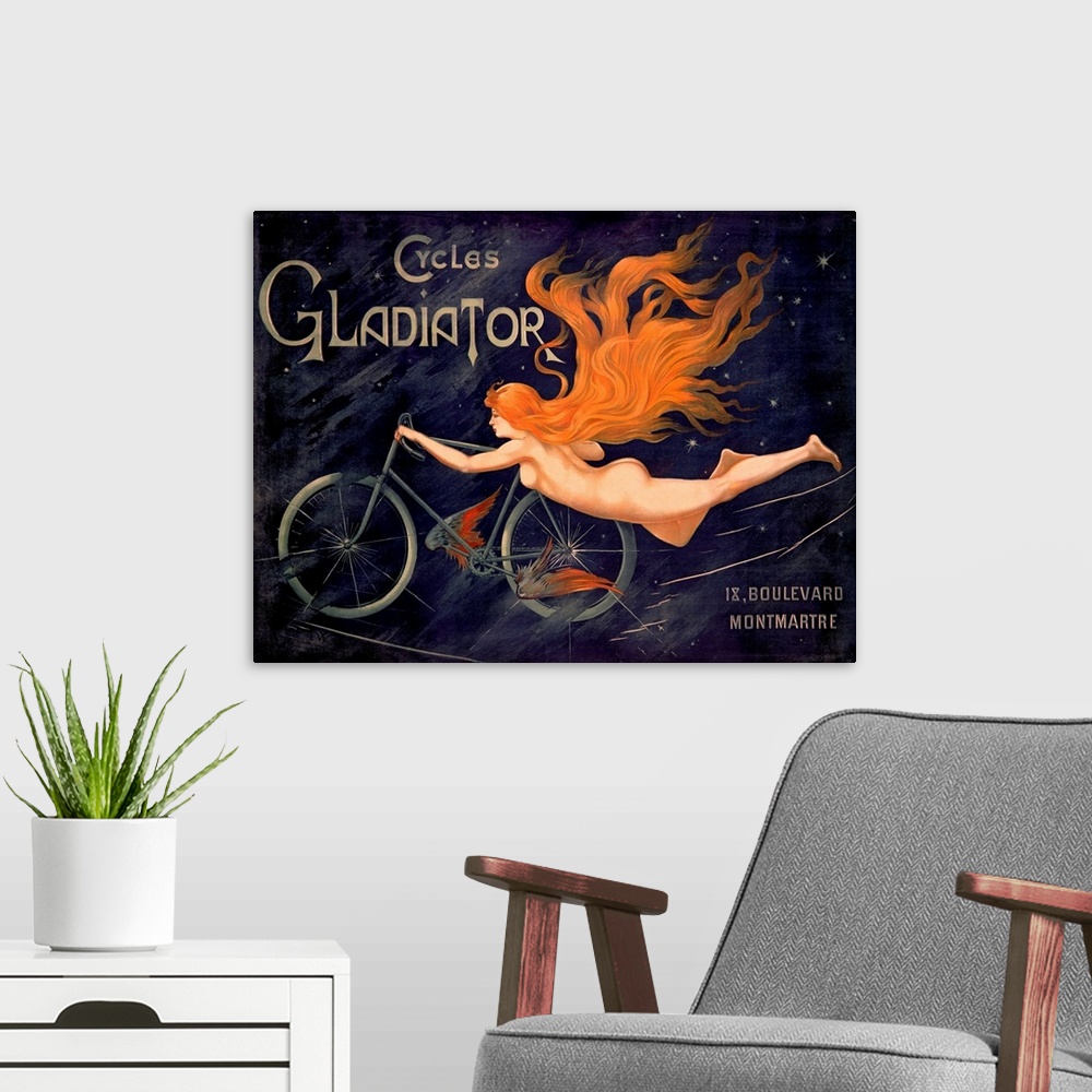 A modern room featuring Big, horizontal, vintage wall art advertisement for Cycles Gladiator of a nude woman with long, r...