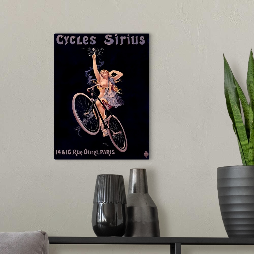 A modern room featuring Vintage poster of a woman on a bicycle reaching up to touch a star with text written above and be...
