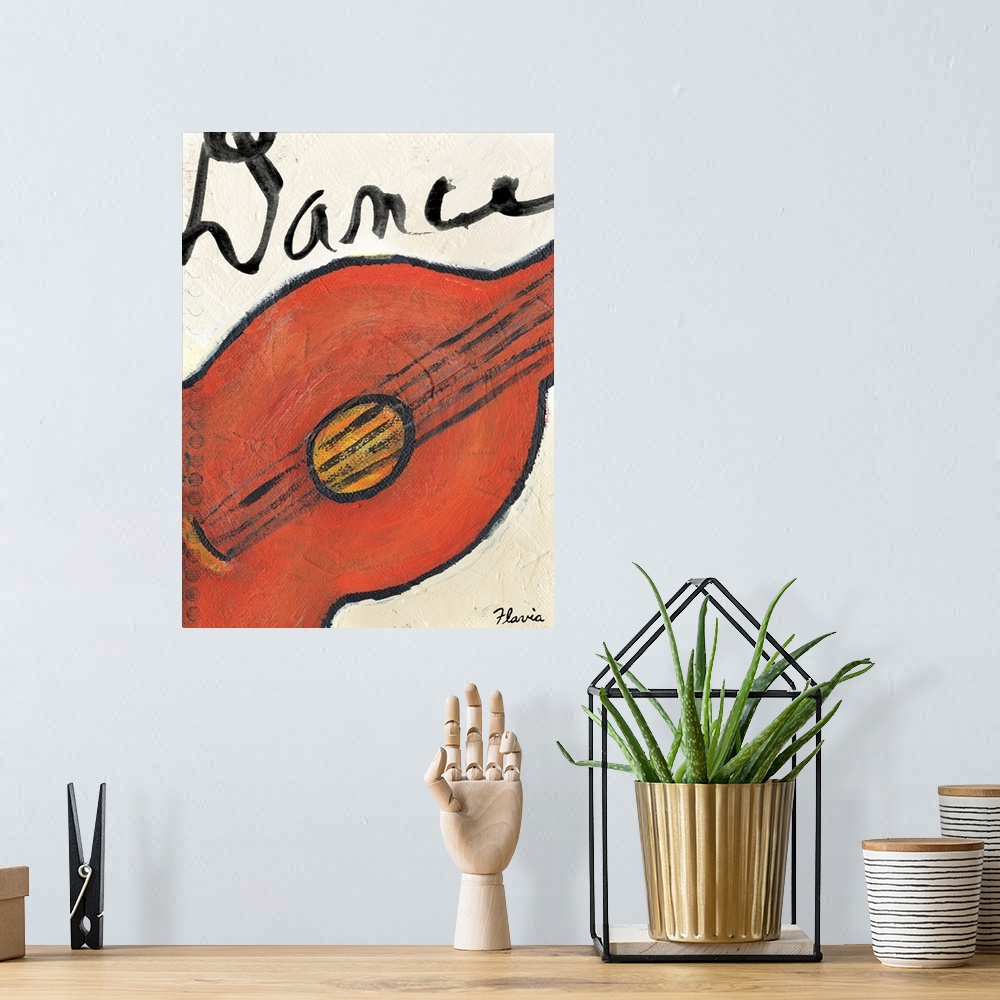 A bohemian room featuring Bright painting of a close up of a guitar with the word Dance on top of the image.