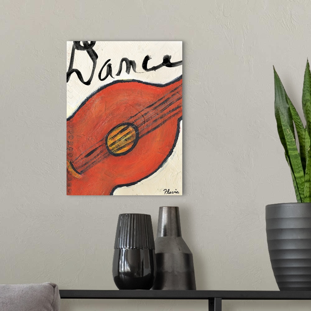 A modern room featuring Bright painting of a close up of a guitar with the word Dance on top of the image.