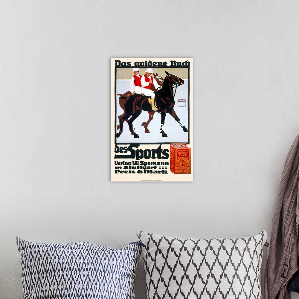 A bohemian room featuring Das Goldene Buch, Golden Book of Sports, Horse Polo, Vintage Poster, by Ludwig Hohlwein