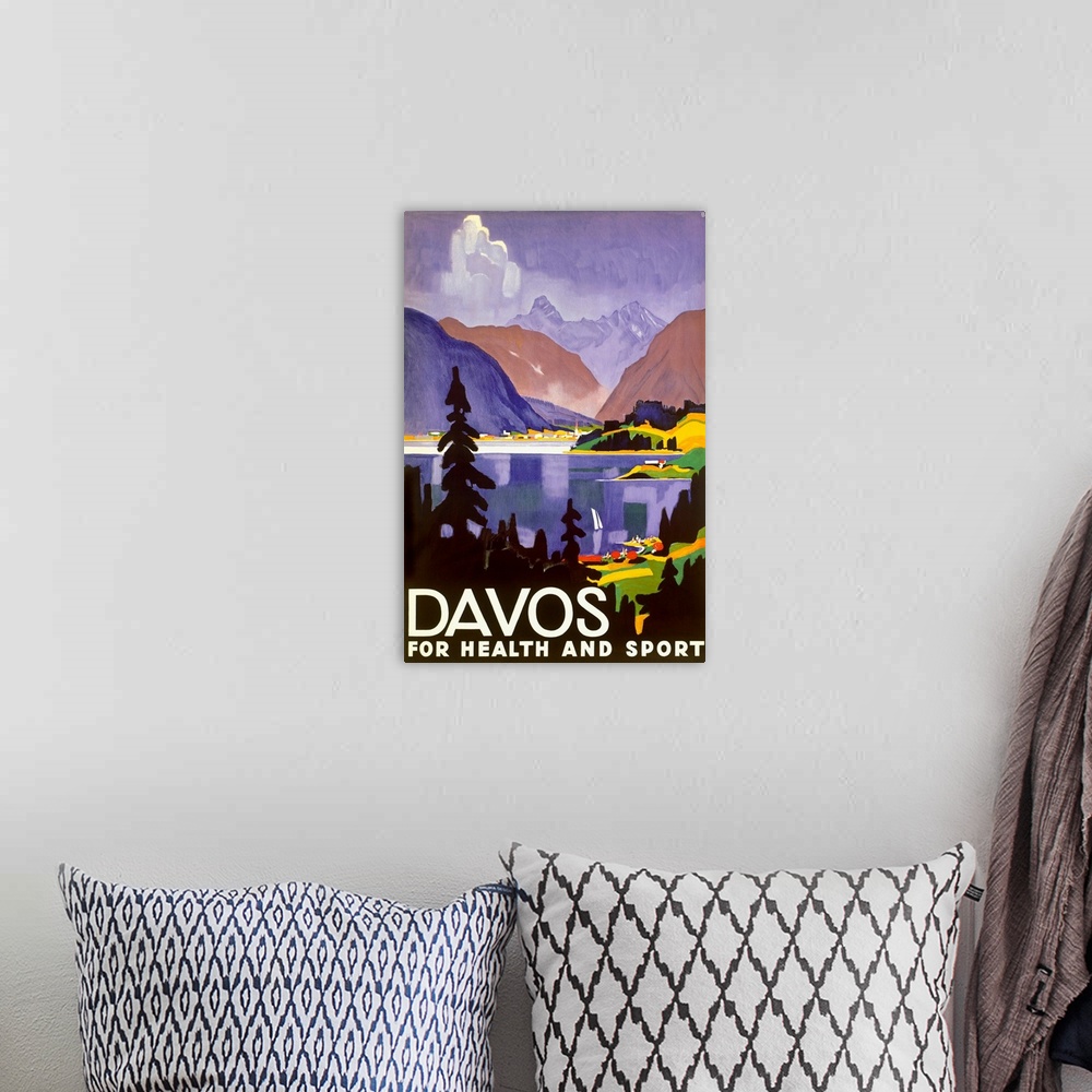 A bohemian room featuring Davos, For Health and Sport, Swiss Alps Resort, Vintage Poster