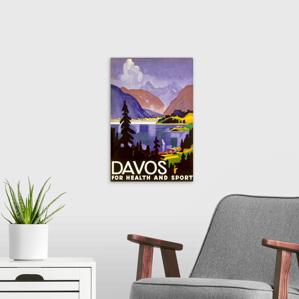 A modern room featuring Davos, For Health and Sport, Swiss Alps Resort, Vintage Poster