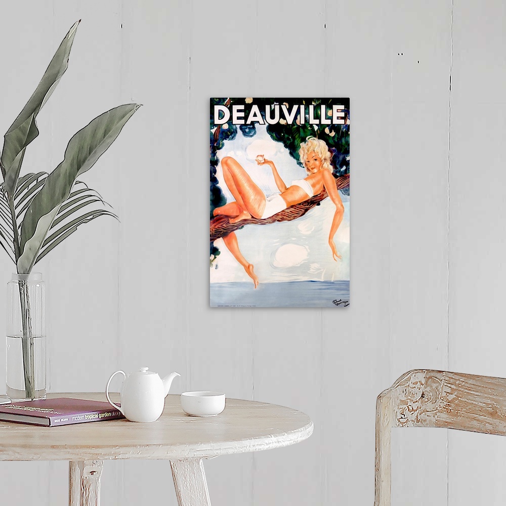 A farmhouse room featuring A painting of a blonde bikini wearing pin-up style woman holding fruit while lounging in a tree a...