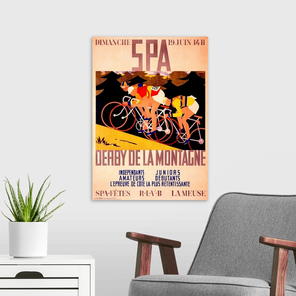 A modern room featuring Older bicycling race announcement advertising the Derby De La Montagne.