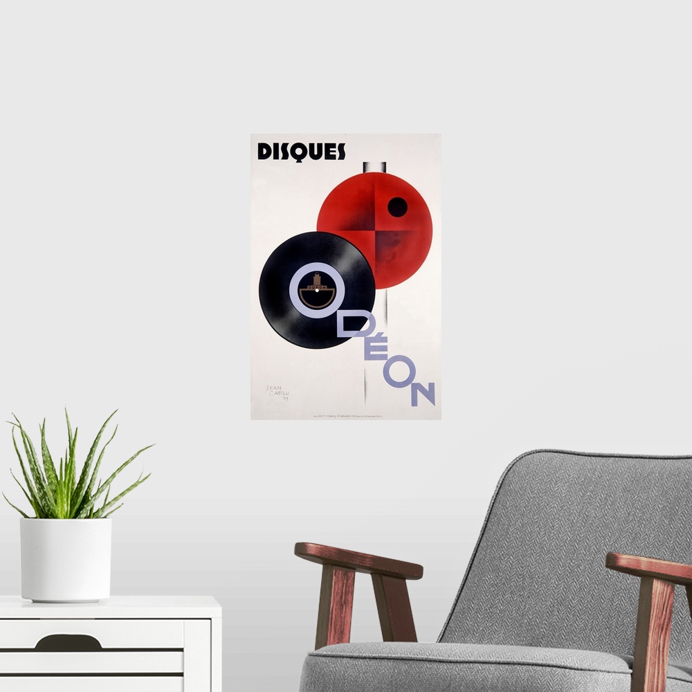 A modern room featuring Disques, Odeon, Vintage Poster, by Jean Carlu