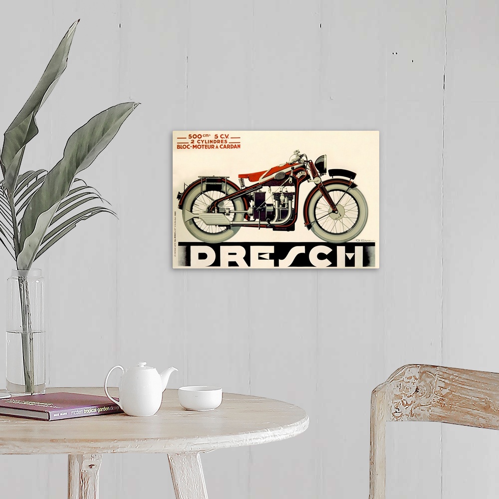 A farmhouse room featuring Large, horizontal vintage art advertisement of a Dresch, 500 CC Motorcycle in black and red, on a...