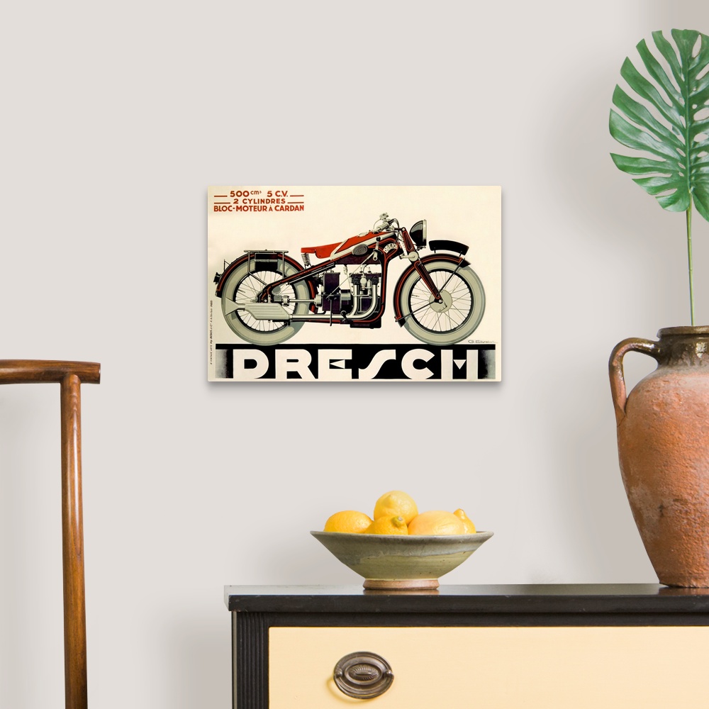 A traditional room featuring Large, horizontal vintage art advertisement of a Dresch, 500 CC Motorcycle in black and red, on a...