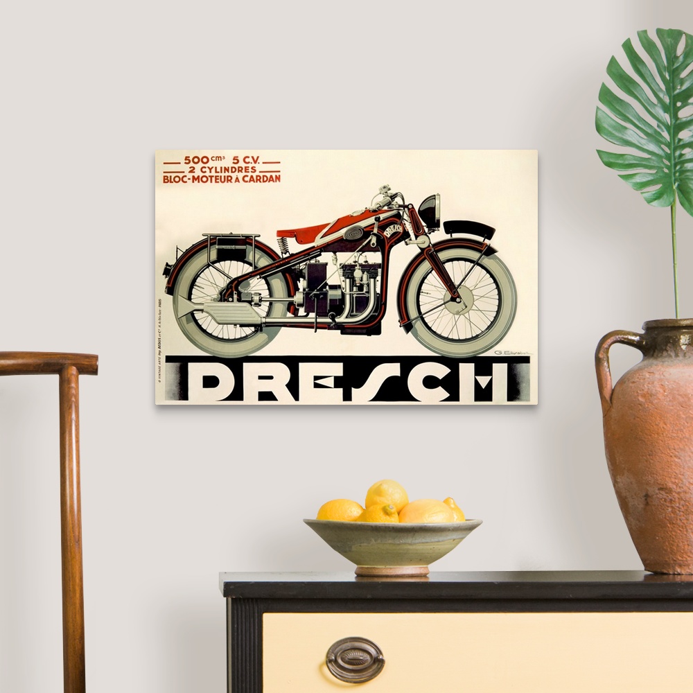 A traditional room featuring Large, horizontal vintage art advertisement of a Dresch, 500 CC Motorcycle in black and red, on a...