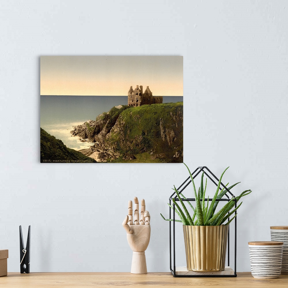 A bohemian room featuring Hand colored photograph of Dunsky castle, Pitlochrie (i.e. Portpatrick), Scotland.