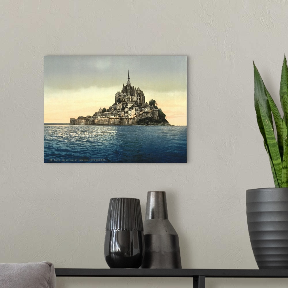 A modern room featuring Hand colored photograph of east coast at high water, Le Mont St. Michel, France.