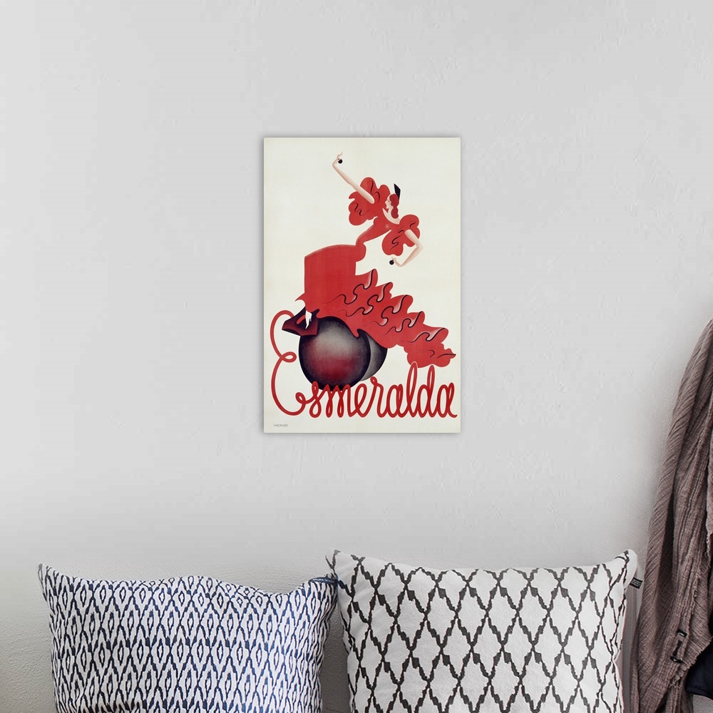 A bohemian room featuring Vintage artwork of a dancer in a long red dress standing on top of round discs with the word "Esm...