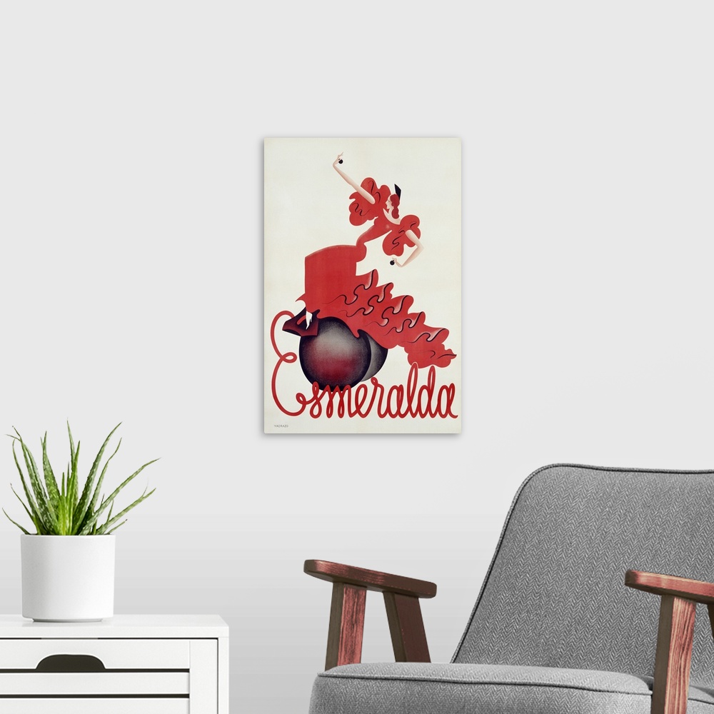 A modern room featuring Vintage artwork of a dancer in a long red dress standing on top of round discs with the word "Esm...