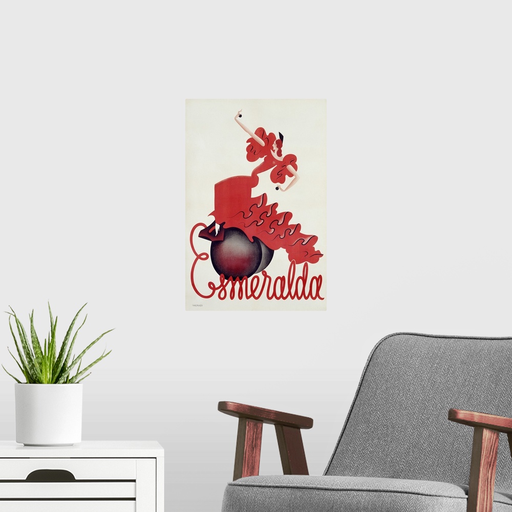 A modern room featuring Vintage artwork of a dancer in a long red dress standing on top of round discs with the word "Esm...