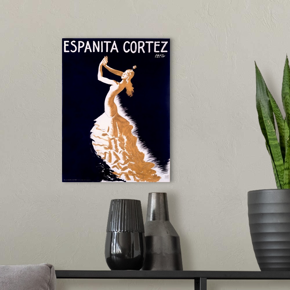 A modern room featuring Vintage Art Deco style advertising poster of a woman dancing in a long and flowing dress with a f...