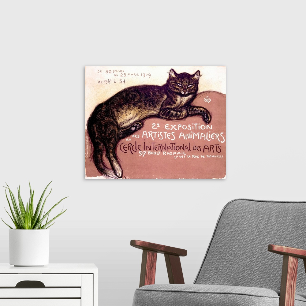 A modern room featuring An antiqued poster with a painting of a cat laying down on canvas.