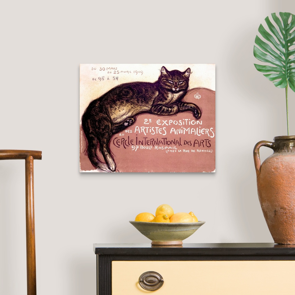 A traditional room featuring An antiqued poster with a painting of a cat laying down on canvas.
