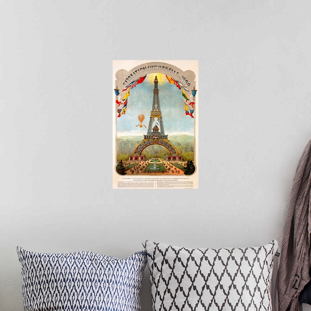 A bohemian room featuring Vertical canvas print of an antique poster of the Eiffel Tower with a hot air balloon in the sky.