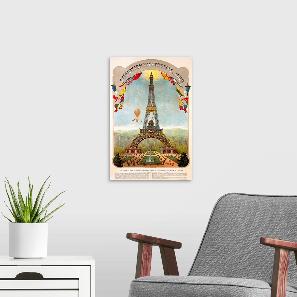 A modern room featuring Vertical canvas print of an antique poster of the Eiffel Tower with a hot air balloon in the sky.
