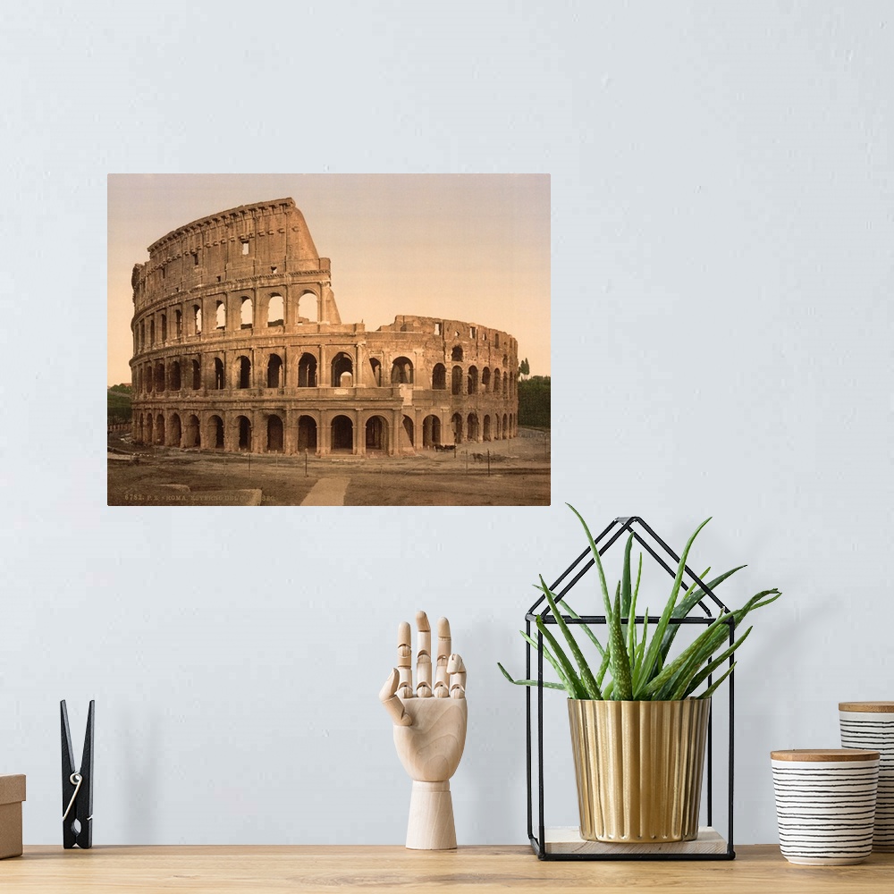A bohemian room featuring Hand colored photograph of exterior of the coliseum, Rome, Italy.